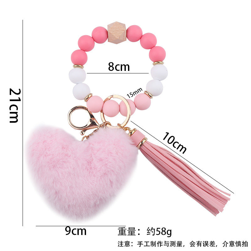 Wholesale Heart Shape Fur Ball Tassel Silicone Beaded Wrist Keychain